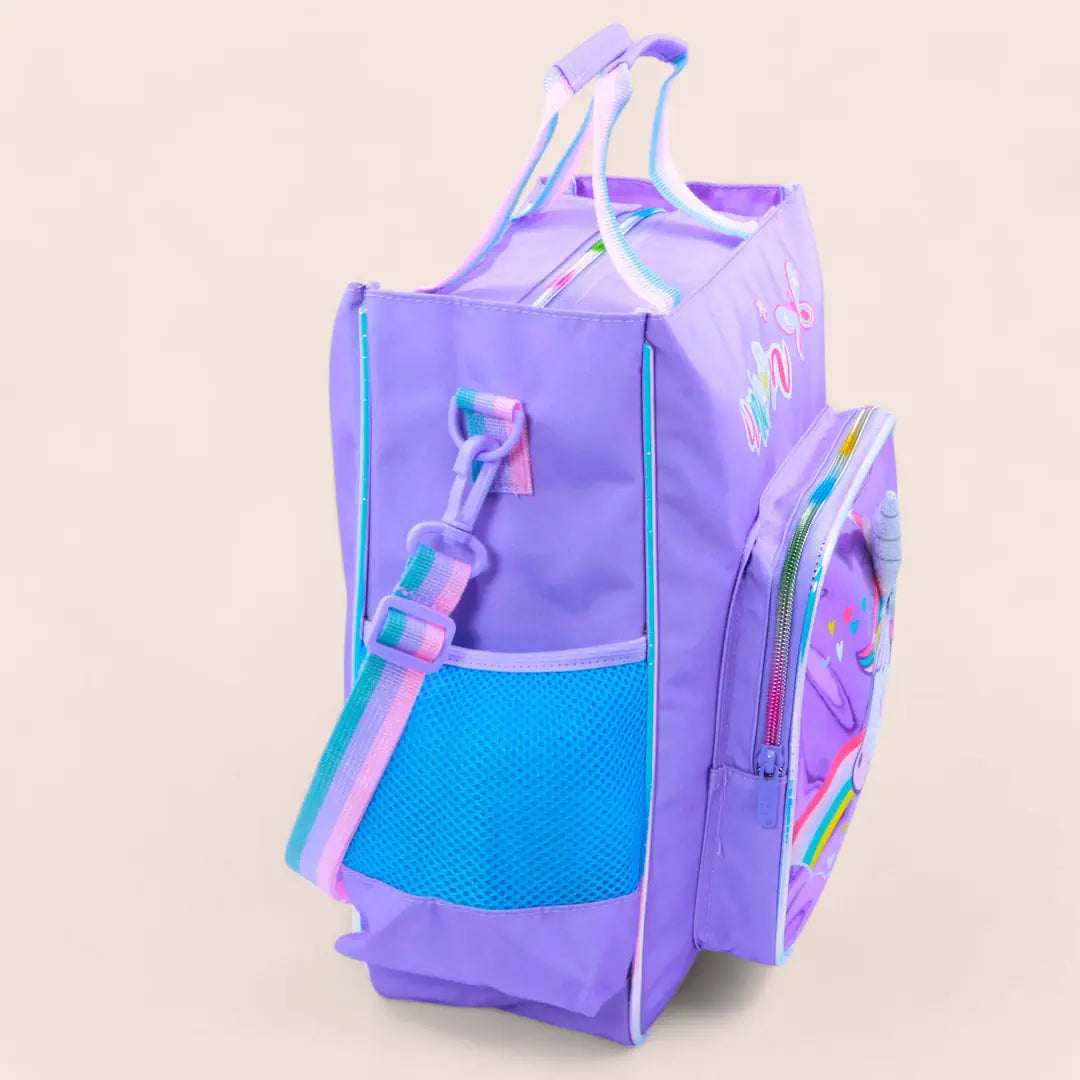 backpack with glitter accents and extra storage.