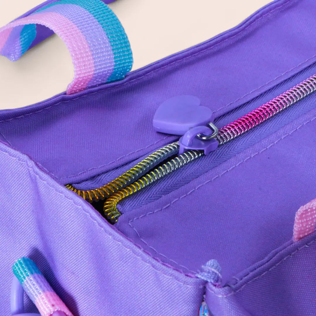 backpack with glitter accents and extra storage.