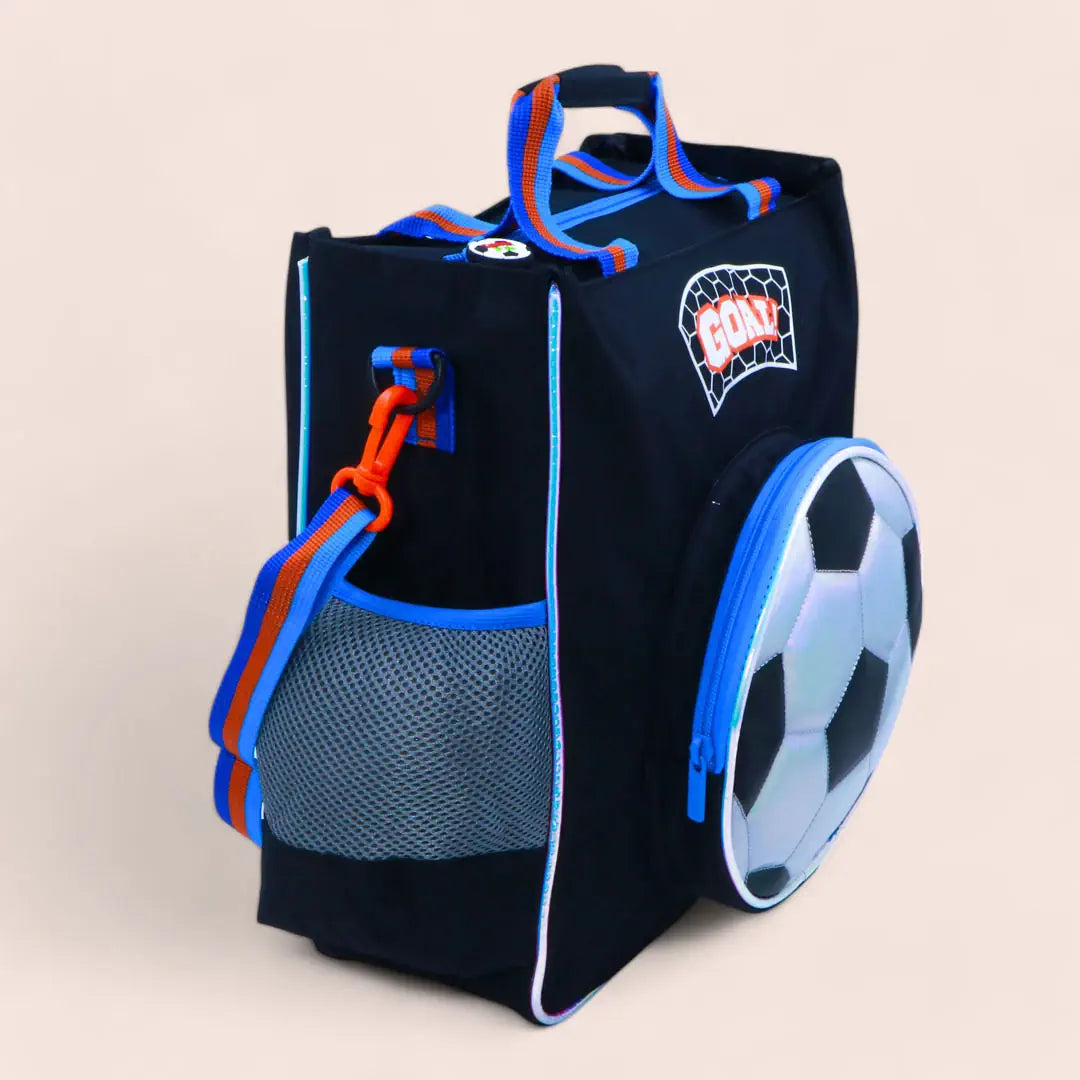 backpack with glitter accents and extra storage.