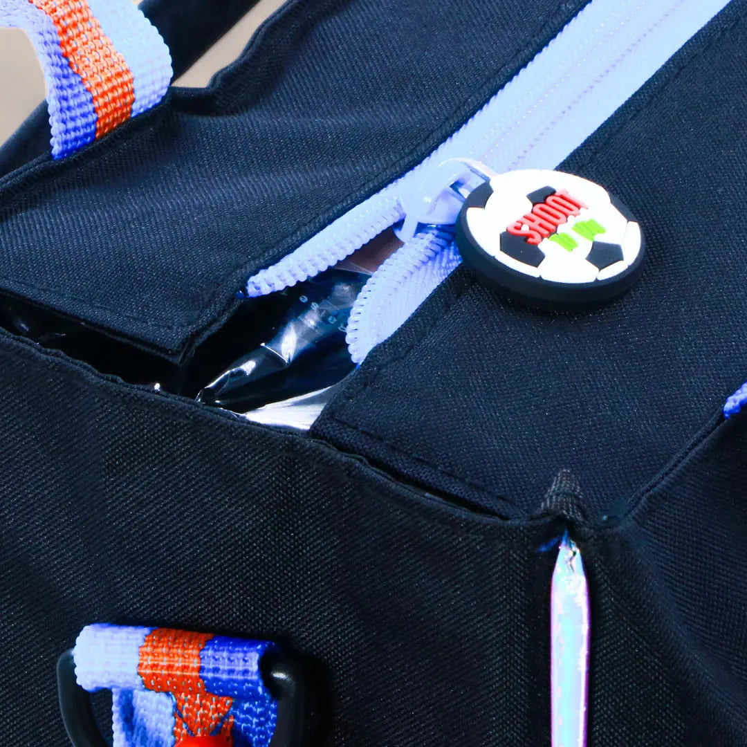 backpack with glitter accents and extra storage.